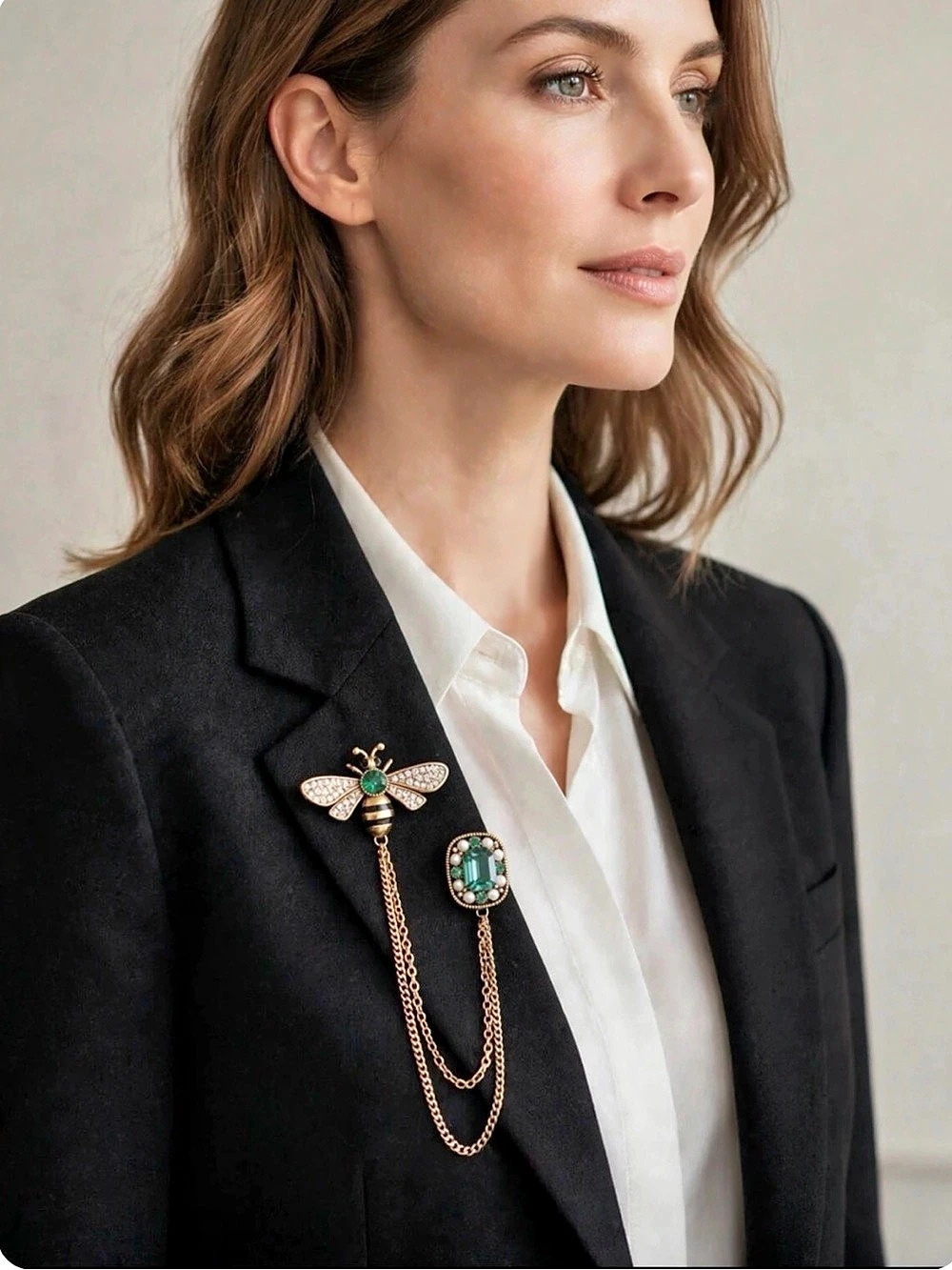 Bee Brooch Chain Pin in Gold & Green Crystal